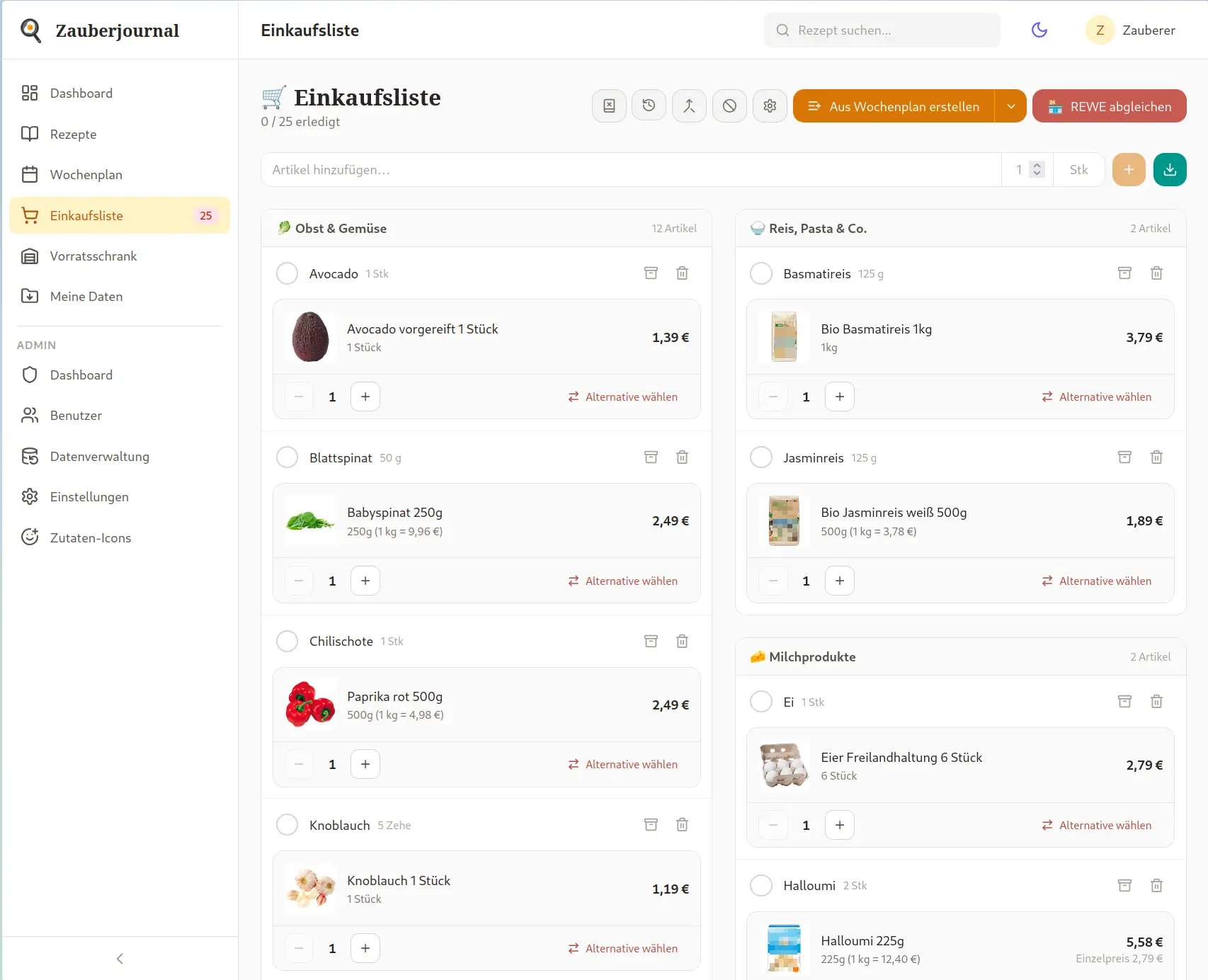 Einkaufsliste mit Supermarkt-Abteilungen