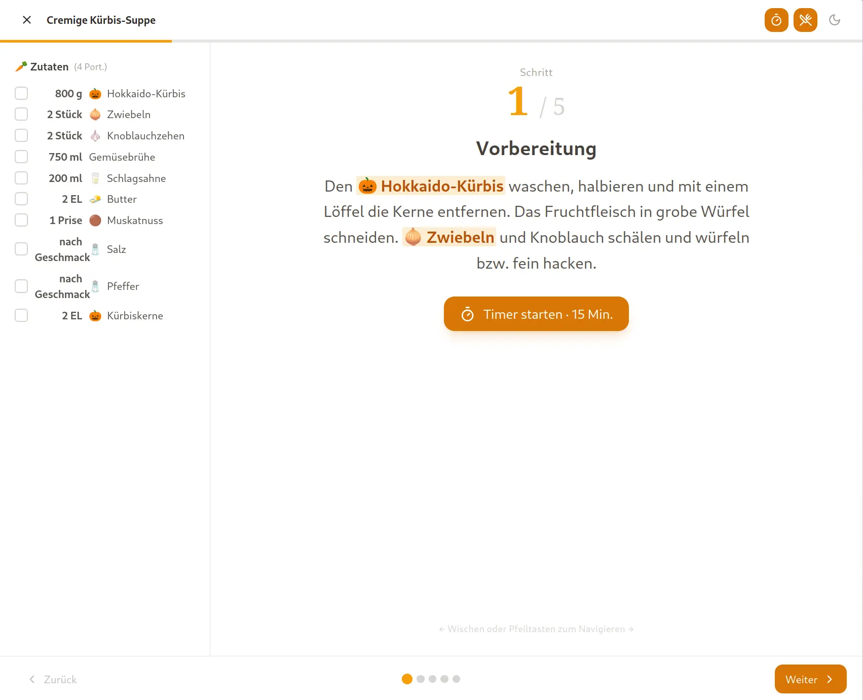Immersiver Kochmodus mit Schritt-Anzeige