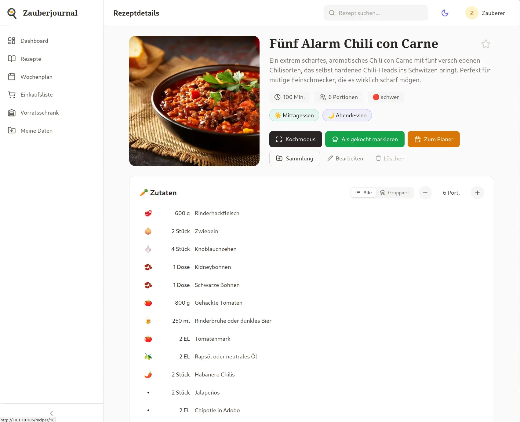 Rezeptdetail mit Zutatenliste und Kochschritten