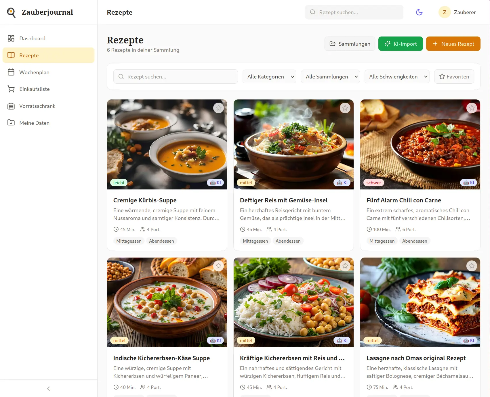 Rezeptübersicht mit Karten-Grid